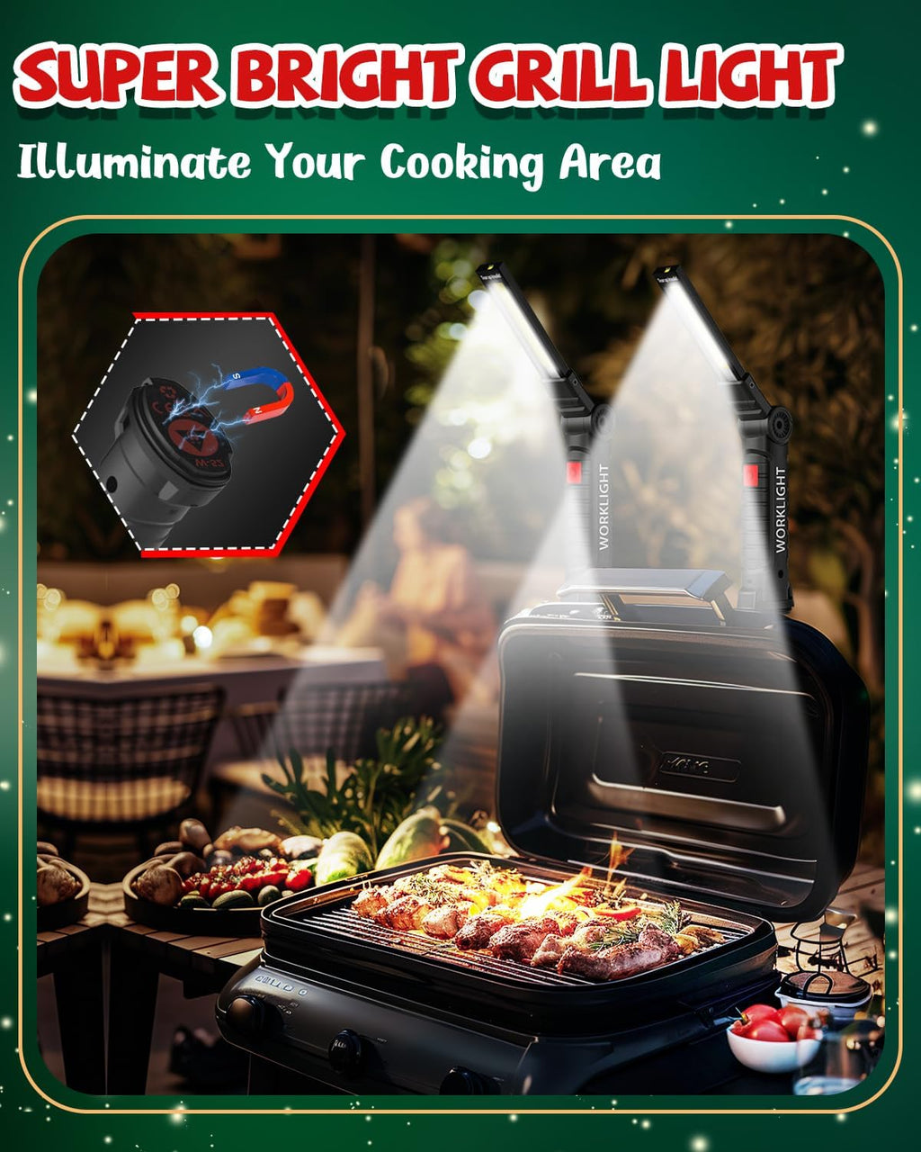 Rechargeable LED work light/BBQ light with magnetic base, 5 modes, 360° rotation
