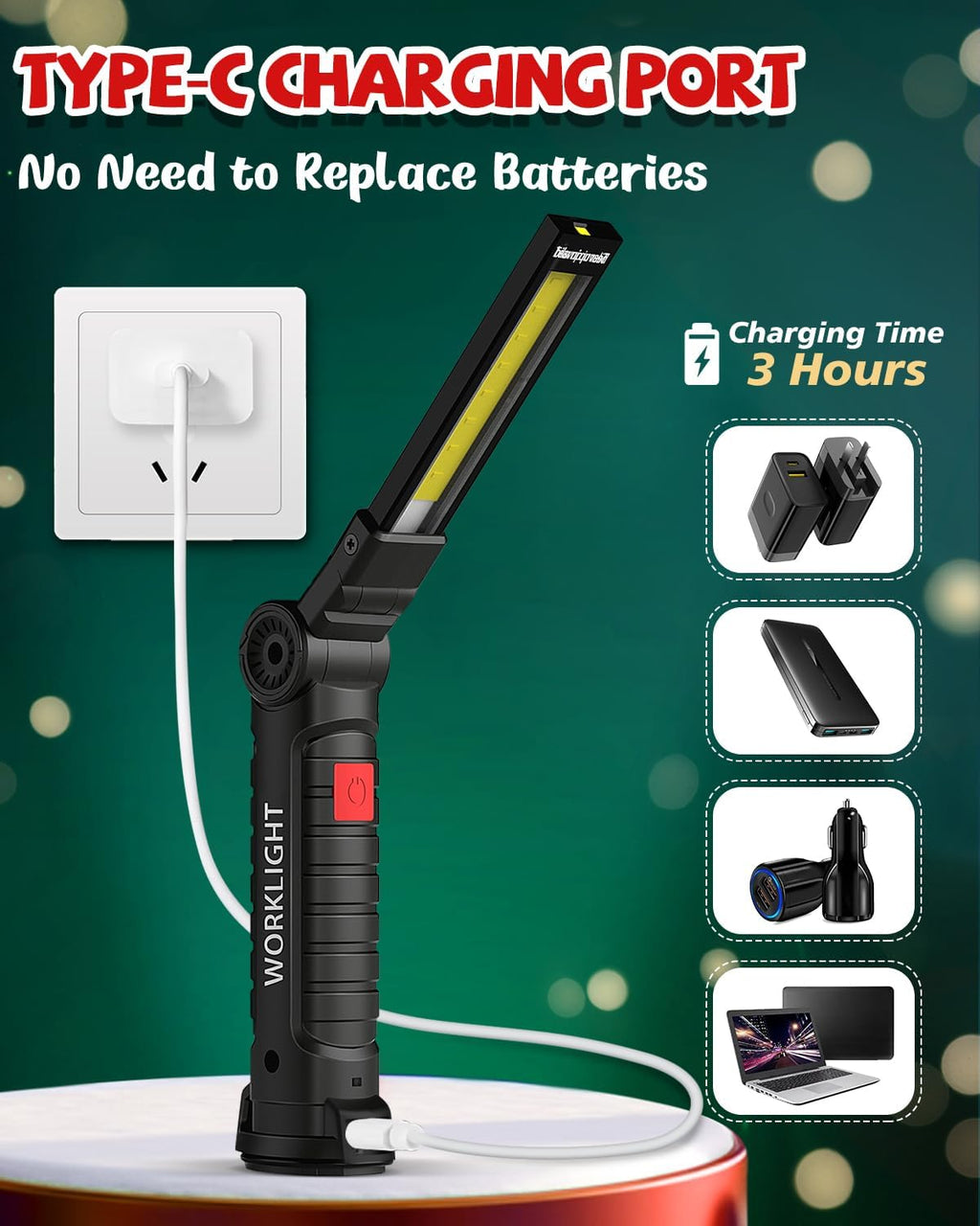 Rechargeable LED work light/BBQ light with magnetic base, 5 modes, 360° rotation