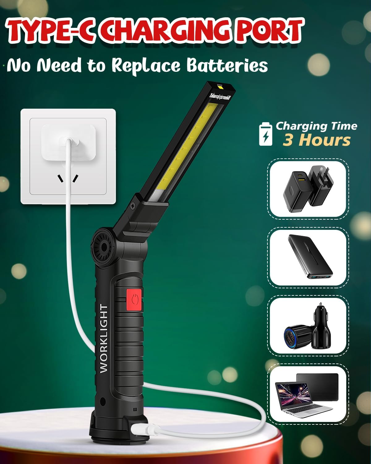 Rechargeable LED work light/BBQ light with magnetic base, 5 modes, 360° rotation
